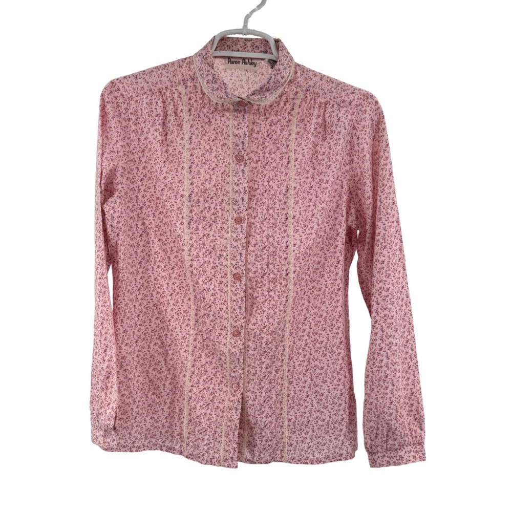 Aaron Ashley floral lace trim high neck Pink Blue Button up Shirt 10 cottage